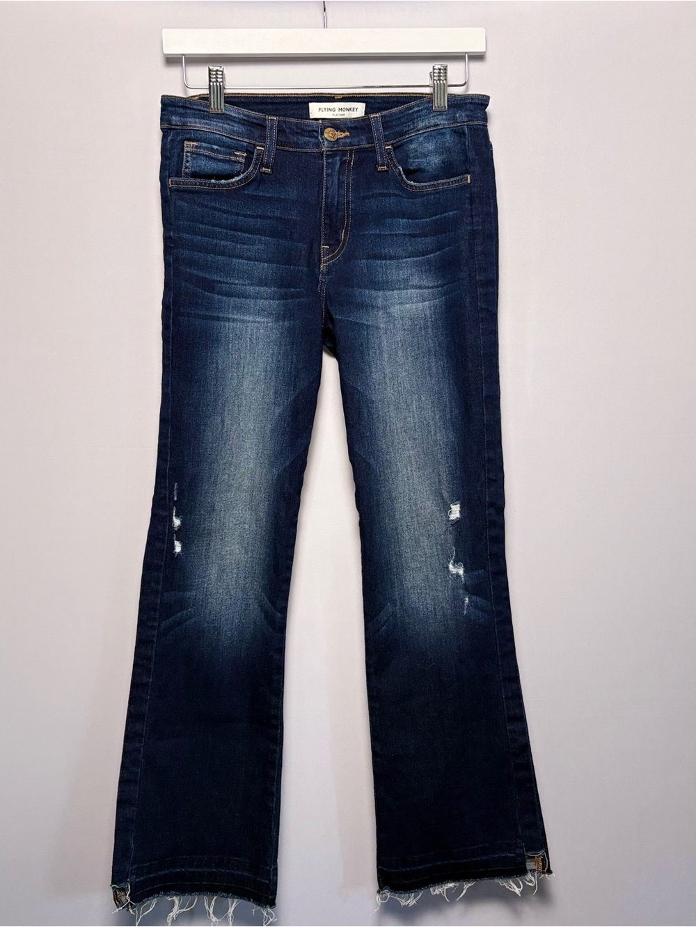 Flying Monkey Platinum Distressed Raw Hem Flare Jeans Size 27 Dark Wash
